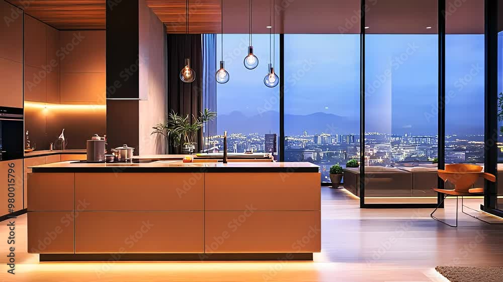 Modern luxury kitchen interior with panoramic city view sleek design ...