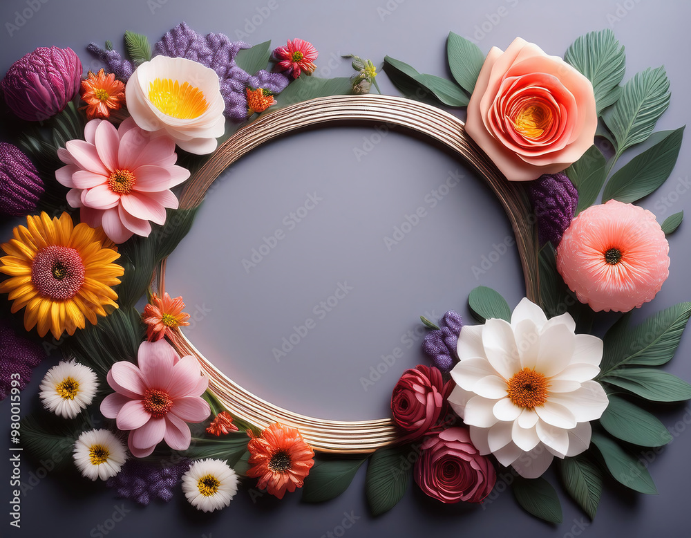 A beautiful display of flowers arranged in an elegant frame on grey background featuring space for text. A beautiful display of flowers arranged in an elegant frame on grey background featuring space for text.