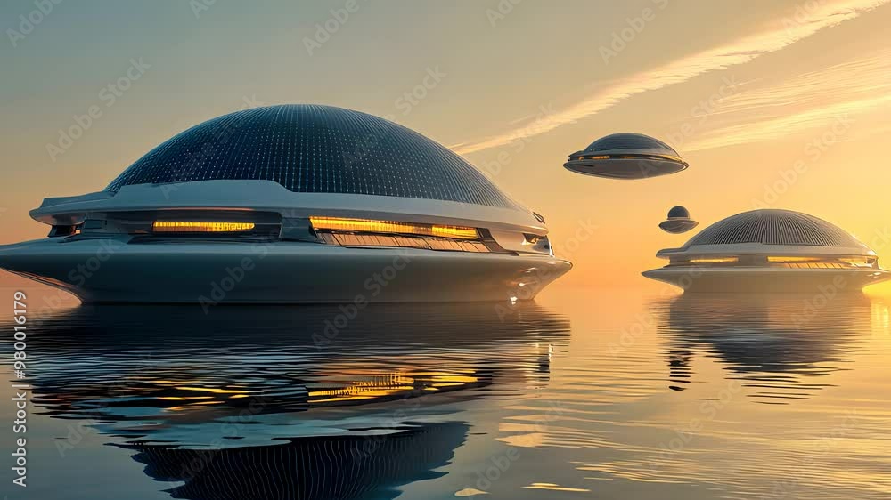 Futuristic floating dome structures on water at sunset advanced technology architecture innovative design sci-fi concept Futuristic floating dome structures on water at sunset advanced technology architecture innovative design sci-fi concept