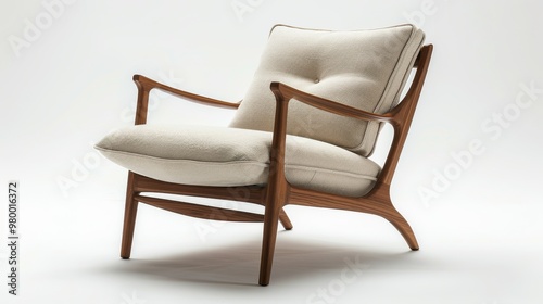 retro-style armchair with a polished wooden frame and soft beige fabric cushions,