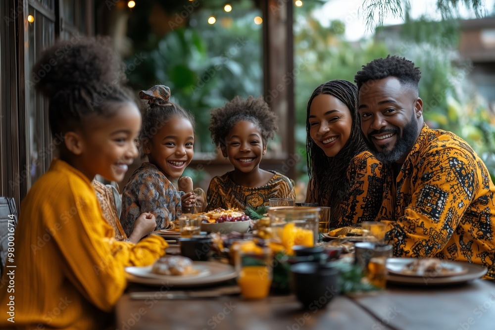 A joyful family of four, dressed in vibrant traditional attire, gathers around a table sharing a meal. A joyful family of four, dressed in vibrant traditional attire, gathers around a table sharing a meal.