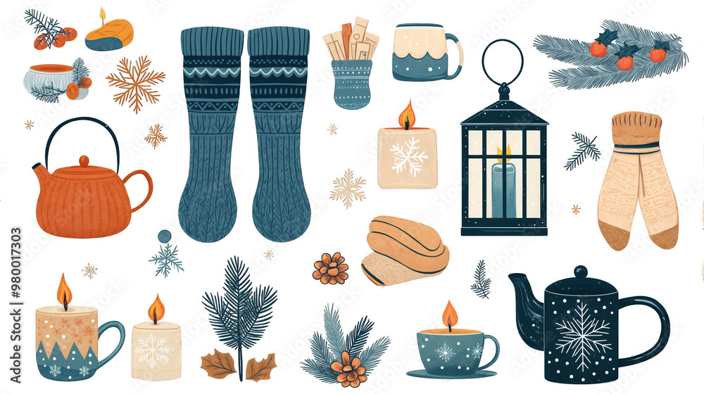 Cozy Winter Hygge Elements – Teapots, Candles, Socks, and Winter Decor