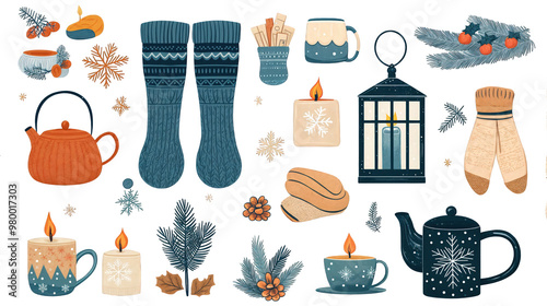 Obraz na płótnie Cozy Winter Hygge Elements – Teapots, Candles, Socks, and Winter Decor w salonie