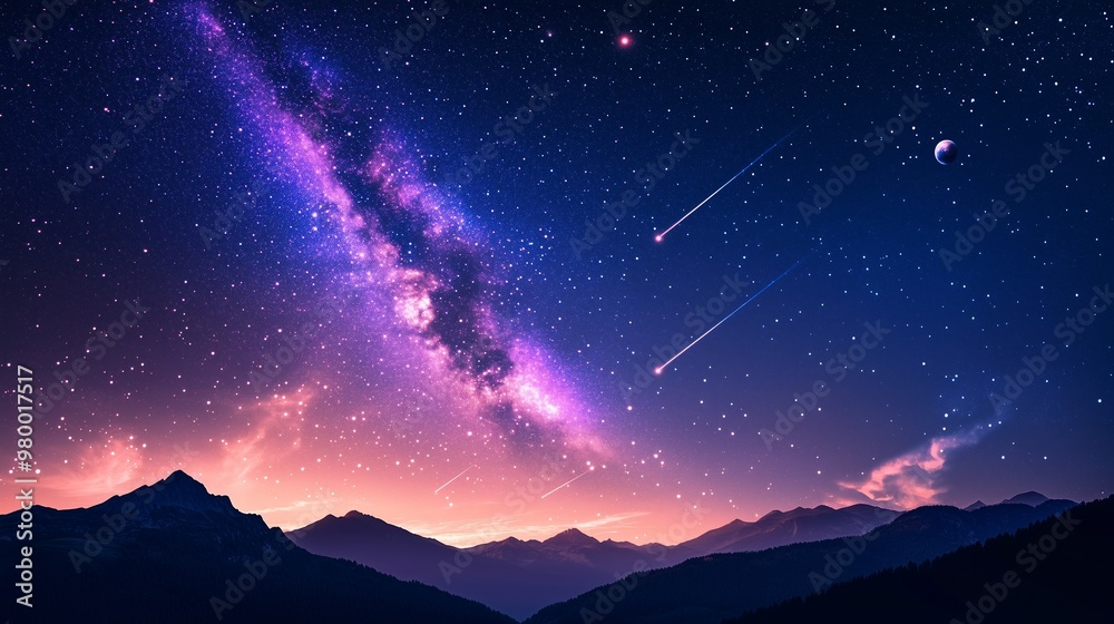 A stunning starry sky showcases vibrant galaxies, shooting stars, and silhouetted mountain peaks.
