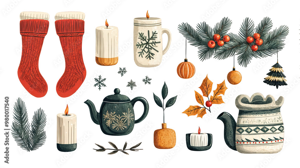 Christmas Hygge Elements – Socks, Candles, Teapots, and Holiday Decor