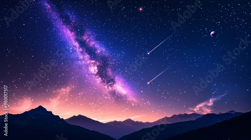Obraz na płótnie A stunning starry sky showcases vibrant galaxies, shooting stars, and silhouetted mountain peaks. w salonie