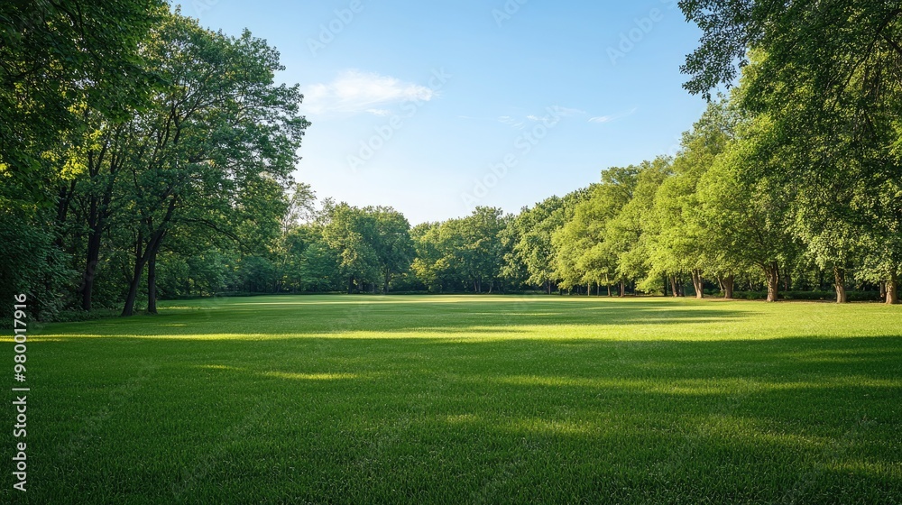 Calm park with a large open meadow, surrounded by trees and shrubs under a clear blue sky. Calm park with a large open meadow, surrounded by trees and shrubs under a clear blue sky.