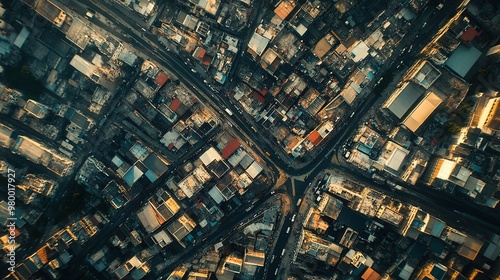 An aerial view of a densely populated urban area with a network of roads and buildings