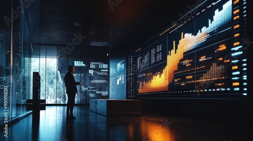 Digital screen displaying financial data, glowing bar graphs, and business analytics in a modern setting.