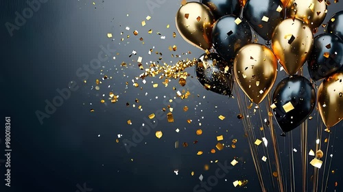 Elegant black and gold balloons with confetti celebration festive party decoration luxury event design shiny background