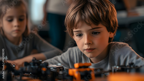 Children experimenting with robotics kits in a STEM classroom building and coding. photo