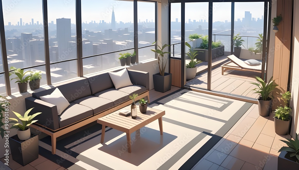 A serene and stylish modern balcony oasis, where sleek lines and minimalist decor come together in perfect harmony, featuring a chic outdoor sofa, illustration. A serene and stylish modern balcony oasis, where sleek lines and minimalist decor come together in perfect harmony, featuring a chic outdoor sofa, illustration.