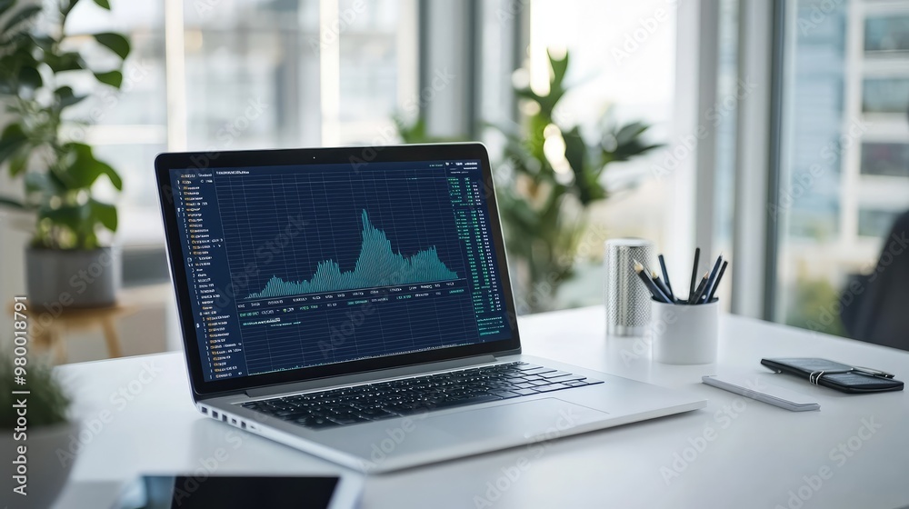 Laptop with open financial data on a clean desk in a modern office space with minimalist decor Laptop with open financial data on a clean desk in a modern office space with minimalist decor