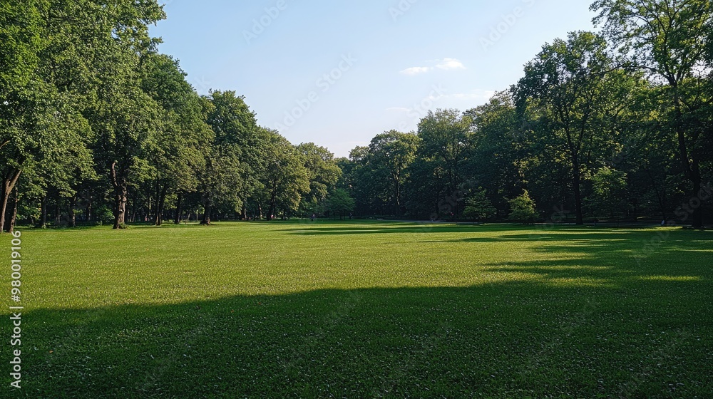 Fototapeta premium Open green field in a park with tall trees along the edges and a clear sky overhead.