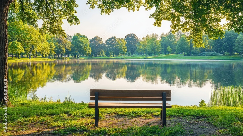 Quiet park bench by a tranquil lake with reflections of surrounding trees and a clear sky. Quiet park bench by a tranquil lake with reflections of surrounding trees and a clear sky.