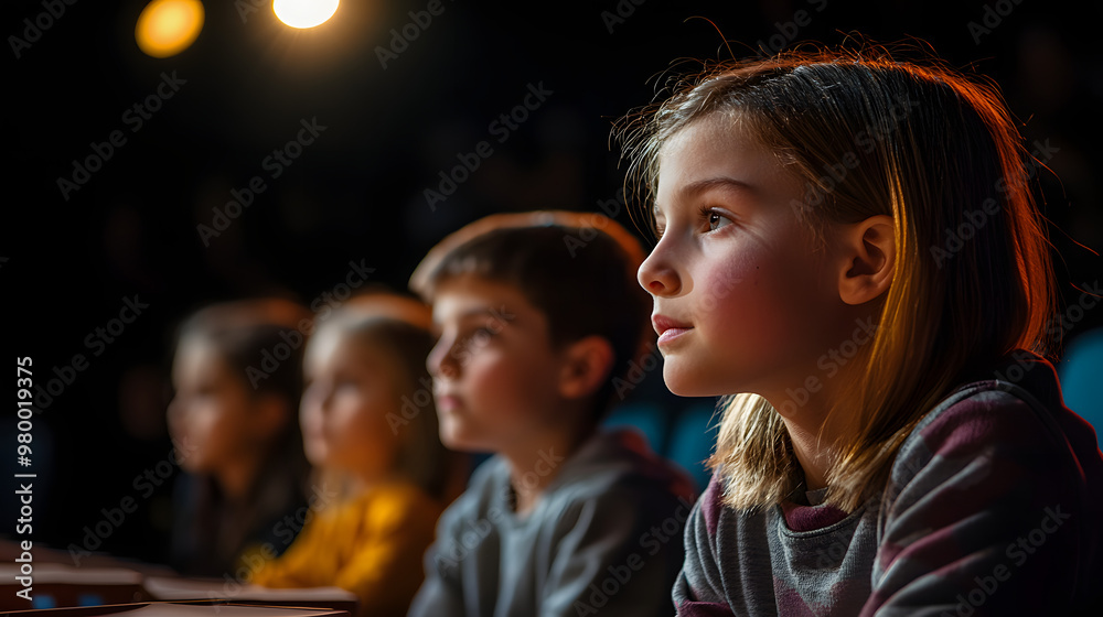 Children participating in a spelling bee on stage focused and ...