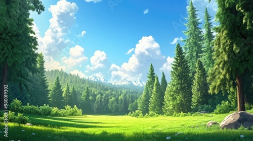 Cartoon background for game and animation Green forest with blue sky and clouds Landscape
