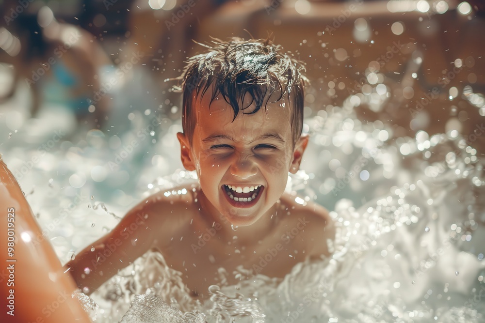 A young boy is smiling and splashing in the water, generative ai A young boy is smiling and splashing in the water, generative ai