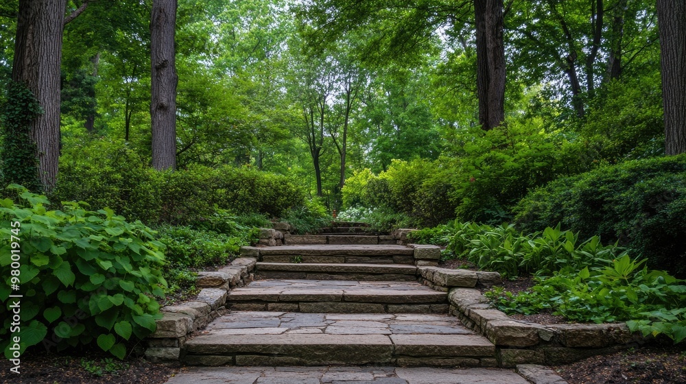 Fototapeta premium Serene park walkway with stone steps leading to a wooded area, framed by tall trees and shrubs.