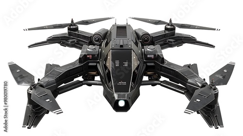 A futuristic military drone with high-tech sensors, isolated on a white background.