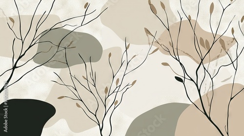   A painting depicts trees against a beige background, with black branches standing out starkly photo