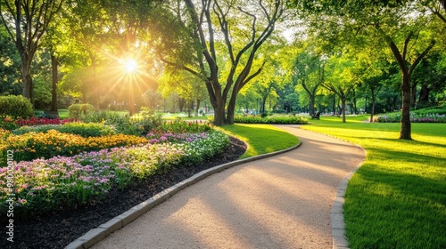 Sunlit park with green lawns, vibrant flowerbeds, and tall trees lining a peaceful path.