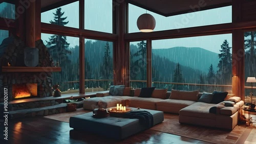cozy living room with a warm fireplace and a large window showcasing a peaceful winter scene perfect for holiday ambiance, relaxation and seasonal animation backgrounds