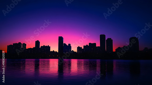 Silhouette of a city skyline at dusk.


