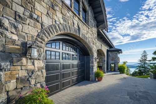 Modern Luxury Home: Detailed Garage Door and Stone Masonry