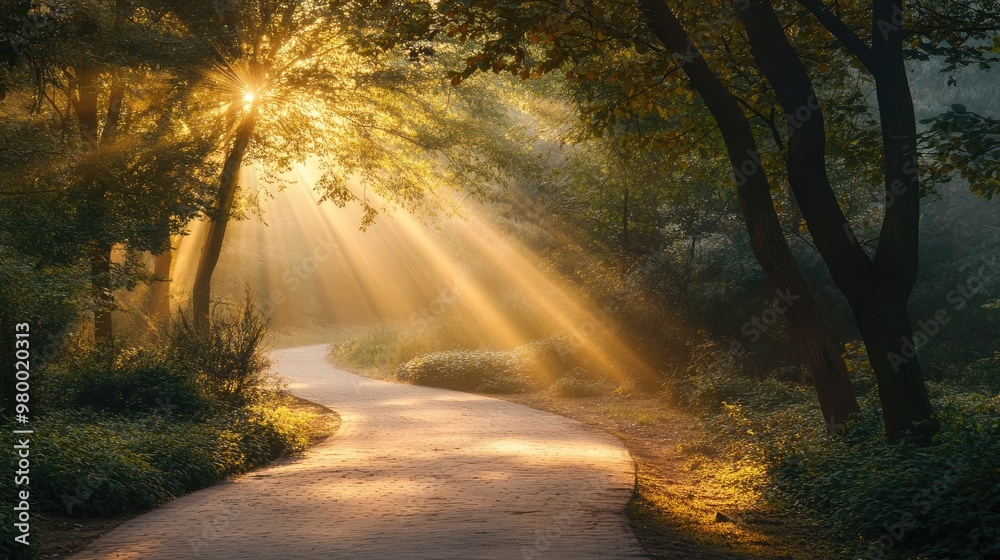 Winding park pathway through a dense forest, with sunbeams breaking through the tree branches Winding park pathway through a dense forest, with sunbeams breaking through the tree branches