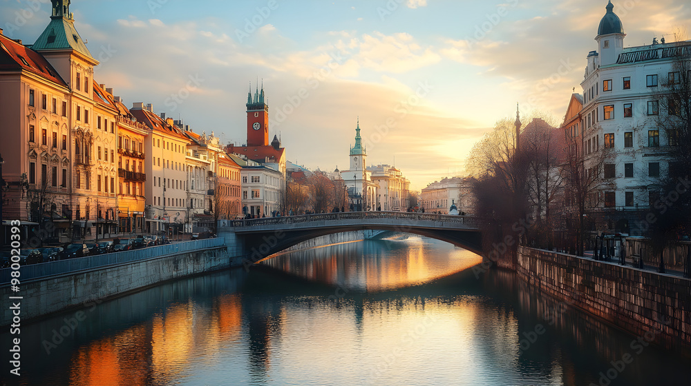 Obraz premium Simple bridge spanning across a river in a city.