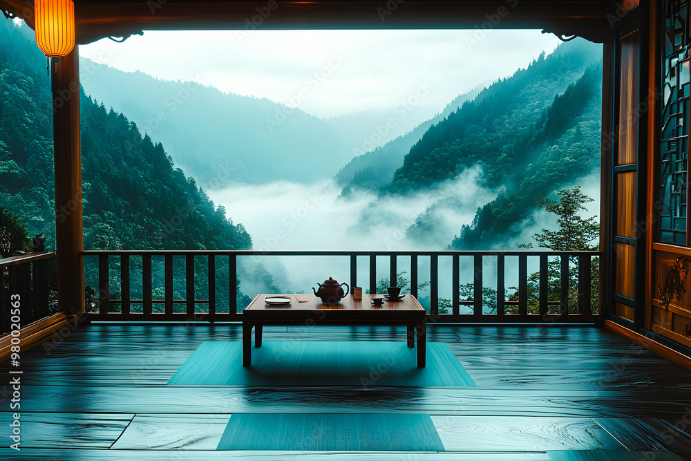 Fototapeta premium Balcon en bois dans une maison asiatique avec vue sur la montagne
