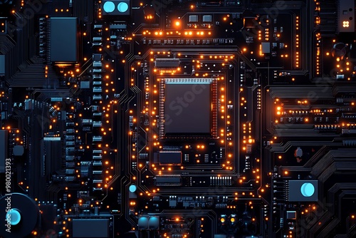 Abstract close up of a glowing circuit board with a central processor, technology concept