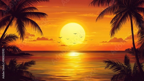 Tropical sunset with palm trees and sea on orange background