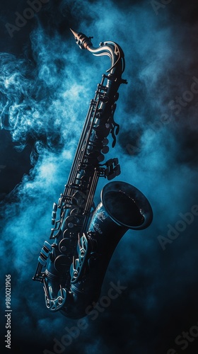 A black saxophone is suspended in the air, with smoke surrounding it photo