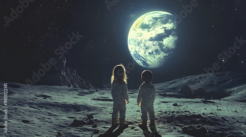 Two children standing on the surface of the Moon looking out at Earth in the distance.