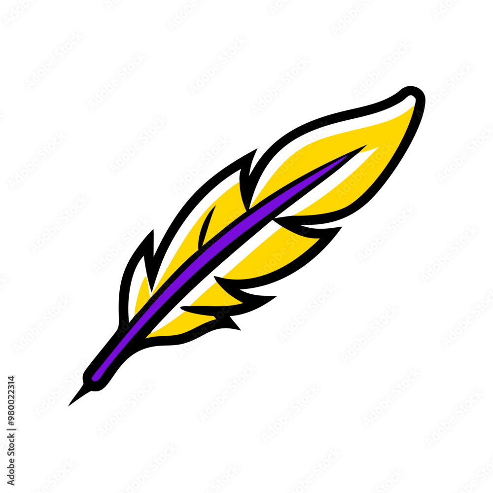 Obraz premium Feather icon in flat style, yellow and purple, writing and creativity symbol