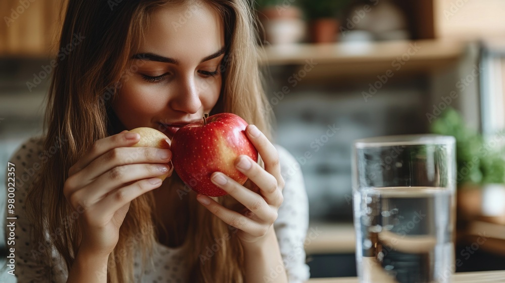 A young woman holds an apple, symbolizing a healthy lifestyle, against the background of a glass of water. Emphasis on nutrition and health management. The concept of diabetes prevention and healthy e A young woman holds an apple, symbolizing a healthy lifestyle, against the background of a glass of water. Emphasis on nutrition and health management. The concept of diabetes prevention and healthy e