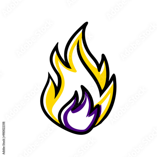 Fire flame icon in flat style, yellow and purple, heat and energy symbol