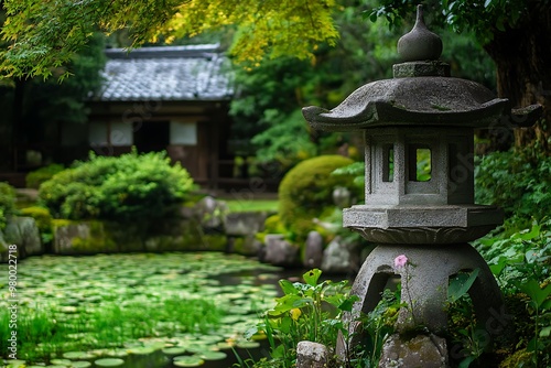 Traditional Japanese Stone Lantern in Zen Garden with Pond and Lush Greenery