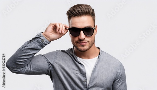 Young Man with Casual Outfit and Sunglasses Isolated on White Background, Clipping Path, Full Depth of Field