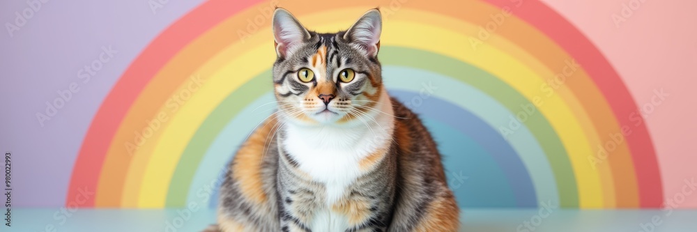 A charming calico cat sits against a colorful rainbow backdrop, radiating joy and playfulness, perfect for pet-related themes or cheerful designs. A charming calico cat sits against a colorful rainbow backdrop, radiating joy and playfulness, perfect for pet-related themes or cheerful designs.