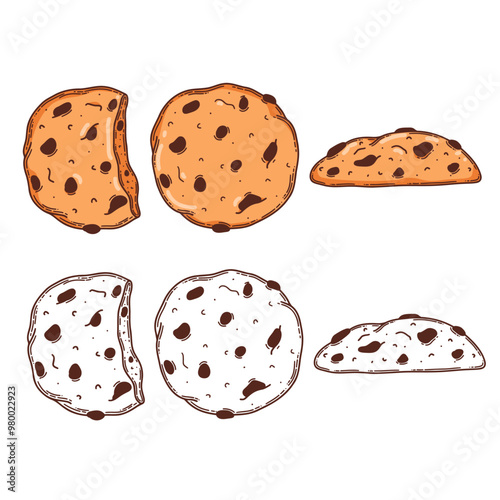 Oat cookie, bitten, whole vector coloring page for coloring book. Bake sweet dessert product for breakfast or lunch, hand drawn sketch