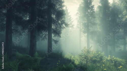 A misty fir forest in vintage style with soft sunlight creates a serene, enchanting atmosphere.