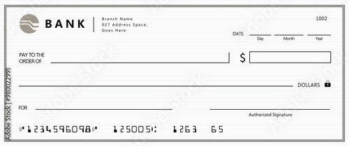 Bank check, vector blank money cheque, checkbook template with guilloche pattern and fields. Currency payment coupon, money check background