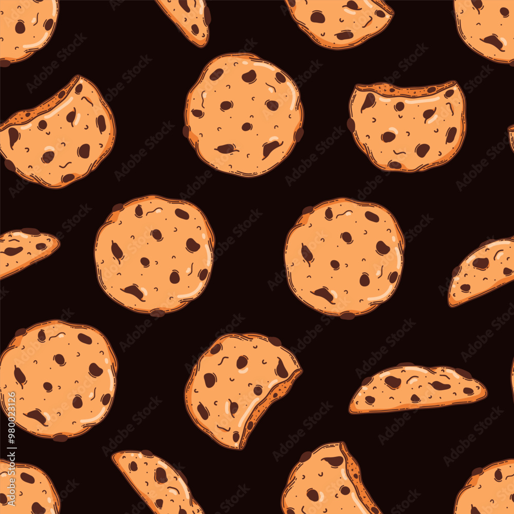 Vector bakery and confectionery seamless pattern template. Hand drawn oat cookies with chocolate chip Vector bakery and confectionery seamless pattern template. Hand drawn oat cookies with chocolate chip