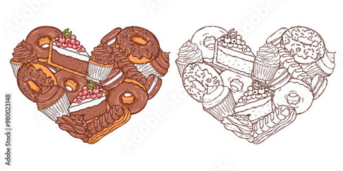 Macaron,  cheesecake, cupcake and donut with chocolate glaze icing dessert vector coloring page for coloring book. Bake sweet dessert heart shape