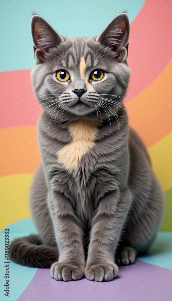 A cute gray cat with striking yellow eyes, sitting elegantly against a vibrant, colorful background. Perfect for pet-related marketing and creative projects. A cute gray cat with striking yellow eyes, sitting elegantly against a vibrant, colorful background. Perfect for pet-related marketing and creative projects.