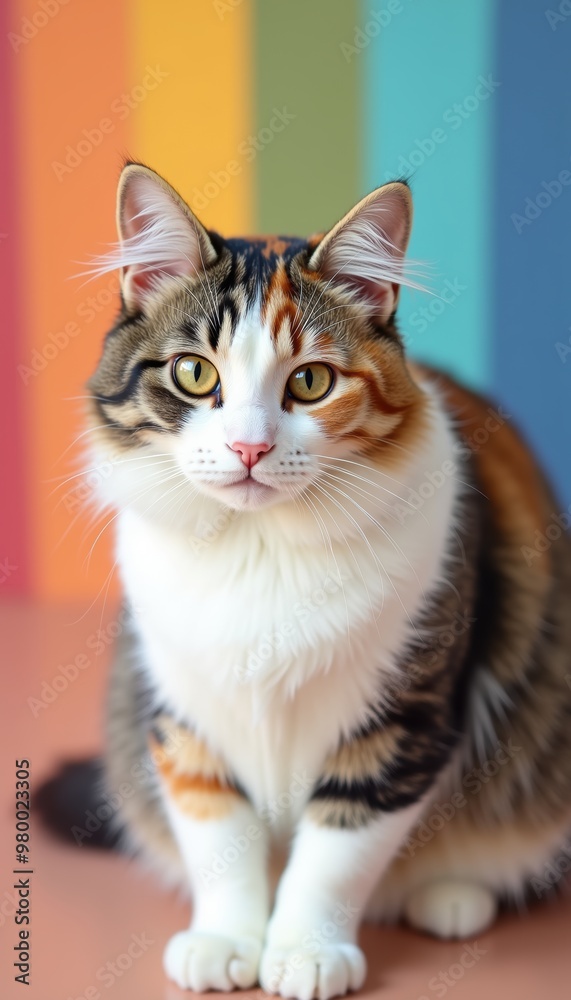 A charming, colorful tabby cat sitting gracefully against a vibrant striped background, perfect for pet-related projects, marketing, or home decor. A charming, colorful tabby cat sitting gracefully against a vibrant striped background, perfect for pet-related projects, marketing, or home decor.
