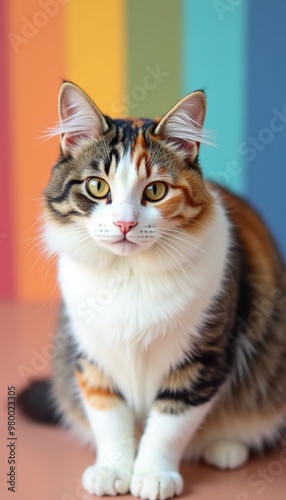 A charming, colorful tabby cat sitting gracefully against a vibrant striped background, perfect for pet-related projects, marketing, or home decor.